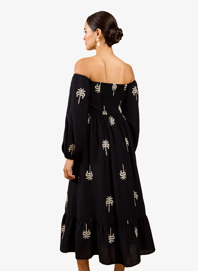 Little Mistress Black embroidered Bardot Midi Dress